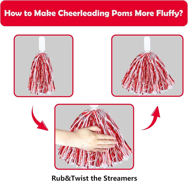 KDPATFAV 18PCS Cheerleading Pom Poms Metallic Foil Plastic Pom Poms with Baton Handle for Game Sports Squads Dancing Party Football Basketball Club Spirit Sports Stage Performance Celebration (Red and White) - Image 3